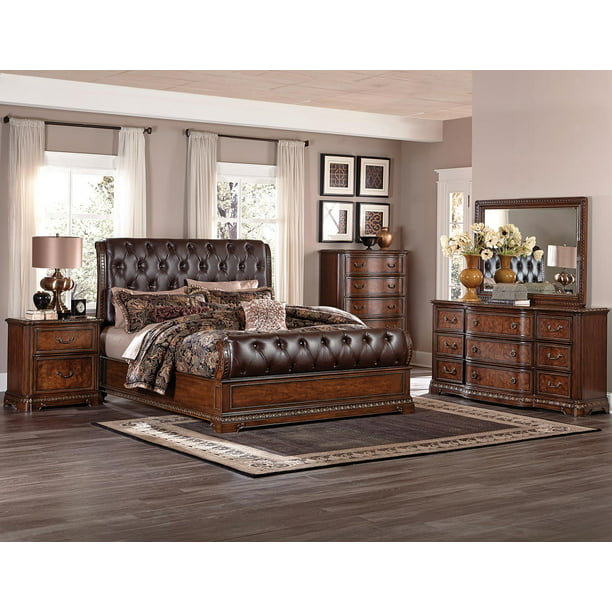 Borges Button Tufted 5 Piece Leather Eastern King Bedroom Set In Cherry Finish Walmart Com Walmart Com