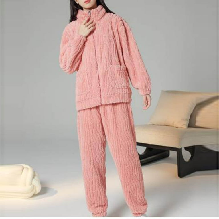 AherBiu Women Flannel Pajamas Sets Zip up Stand Collar Shirt Jacket with  Pants Thermal Warm Winter Sleepwear 