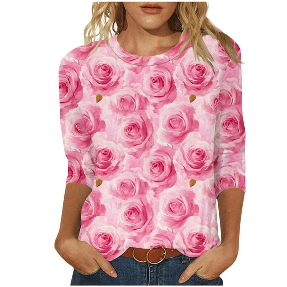Womens Cute 3/4 Sleeve Tops Fashion 3D Rose Floral Graphic Tee Shirt for Valentine Basic Tee Blouse