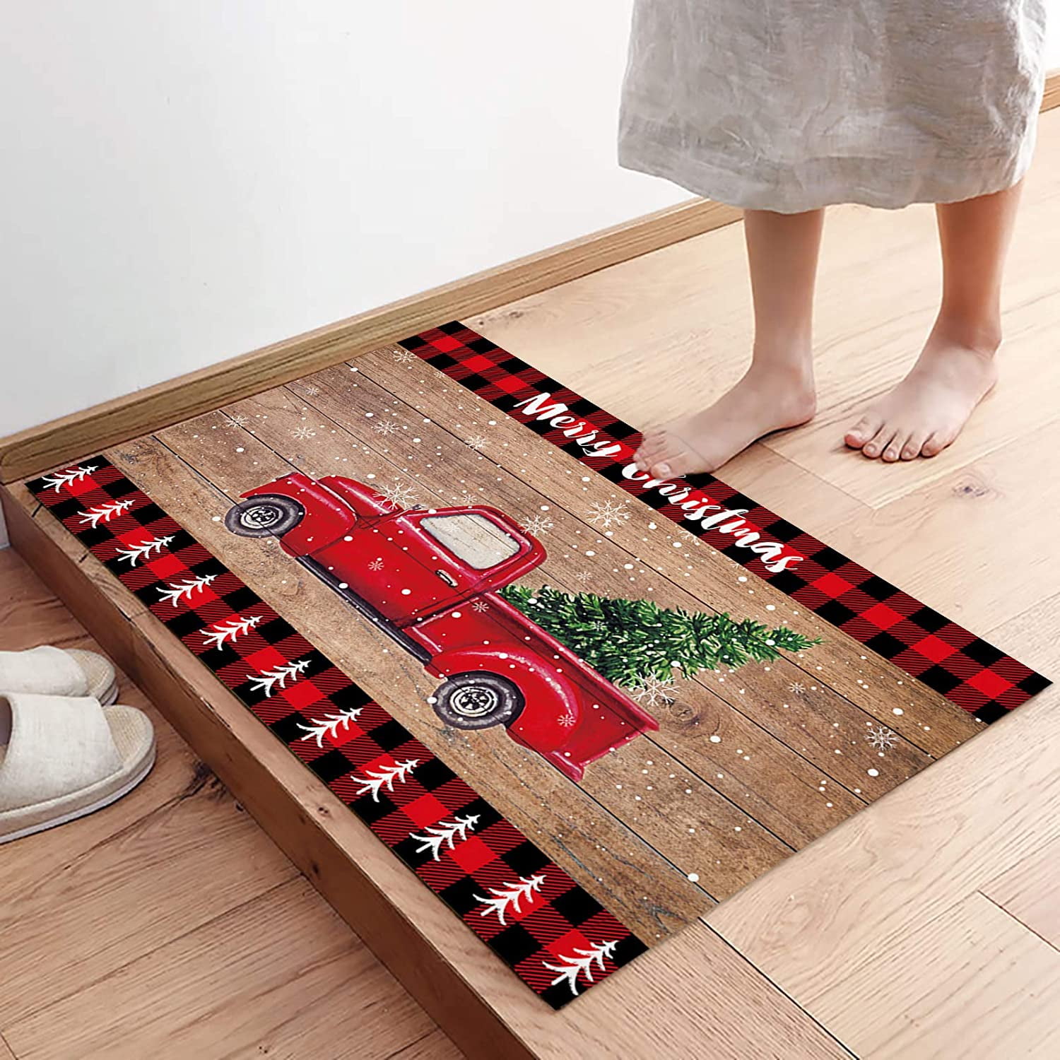 Christmas Door Mat 23."6x15.7 Welcome Mat Front Floor Mats, Non Slip Indoor Carpet/Absorbent Outdoor Shoes Scraper, Christmas Truck and Xmas Trees on Wooden Plank Red Plaid Rugs Doormat for Entryway