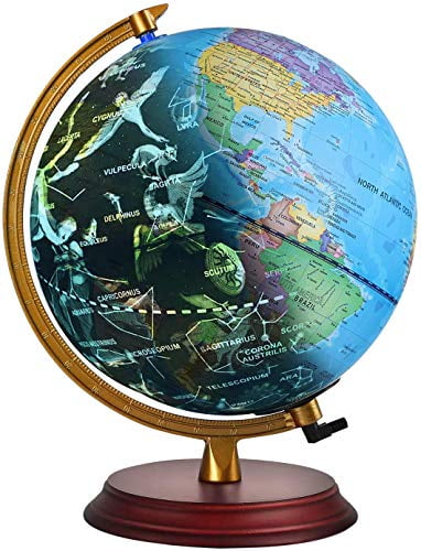 Illuminated World Globe with Wooden Base Night View Stars Pattern Globe Lamp 