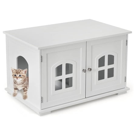 Cat Litter Box Enclosure, Litter Box Furniture Large, Wooden Kitty Washroom Storage Cabinet w/Cross Windows, Enclosed Cat House Side Table Nightstand White
