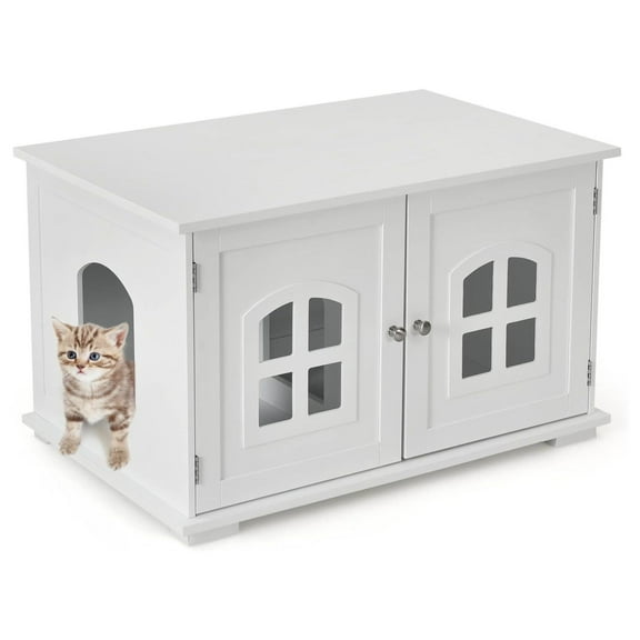Cat Litter Box Enclosure, Litter Box Furniture Large, Wooden Kitty Washroom Storage Cabinet w/Cross Windows, Enclosed Cat House Side Table Nightstand White