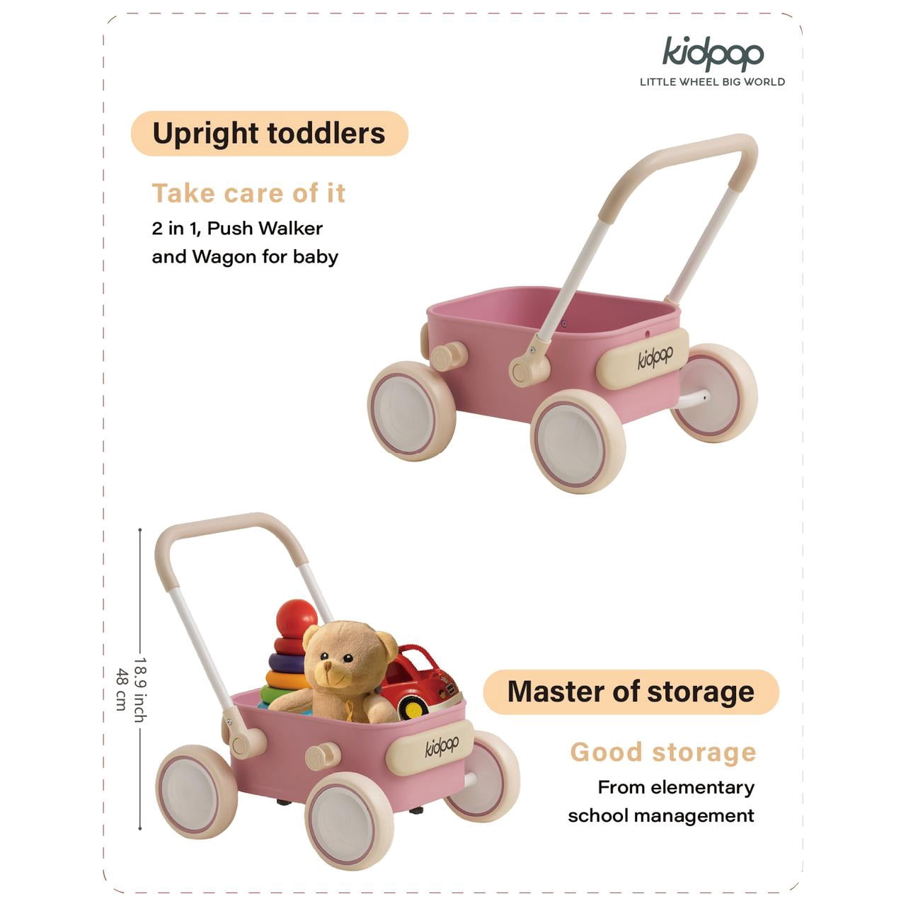 Kidpop PULA Baby Push Walker with Wheels Toddler Wagon for First Learner Baby Toys 6-12 Months, 1 Year Old Birthday Gifts, Indoors and Outdoors