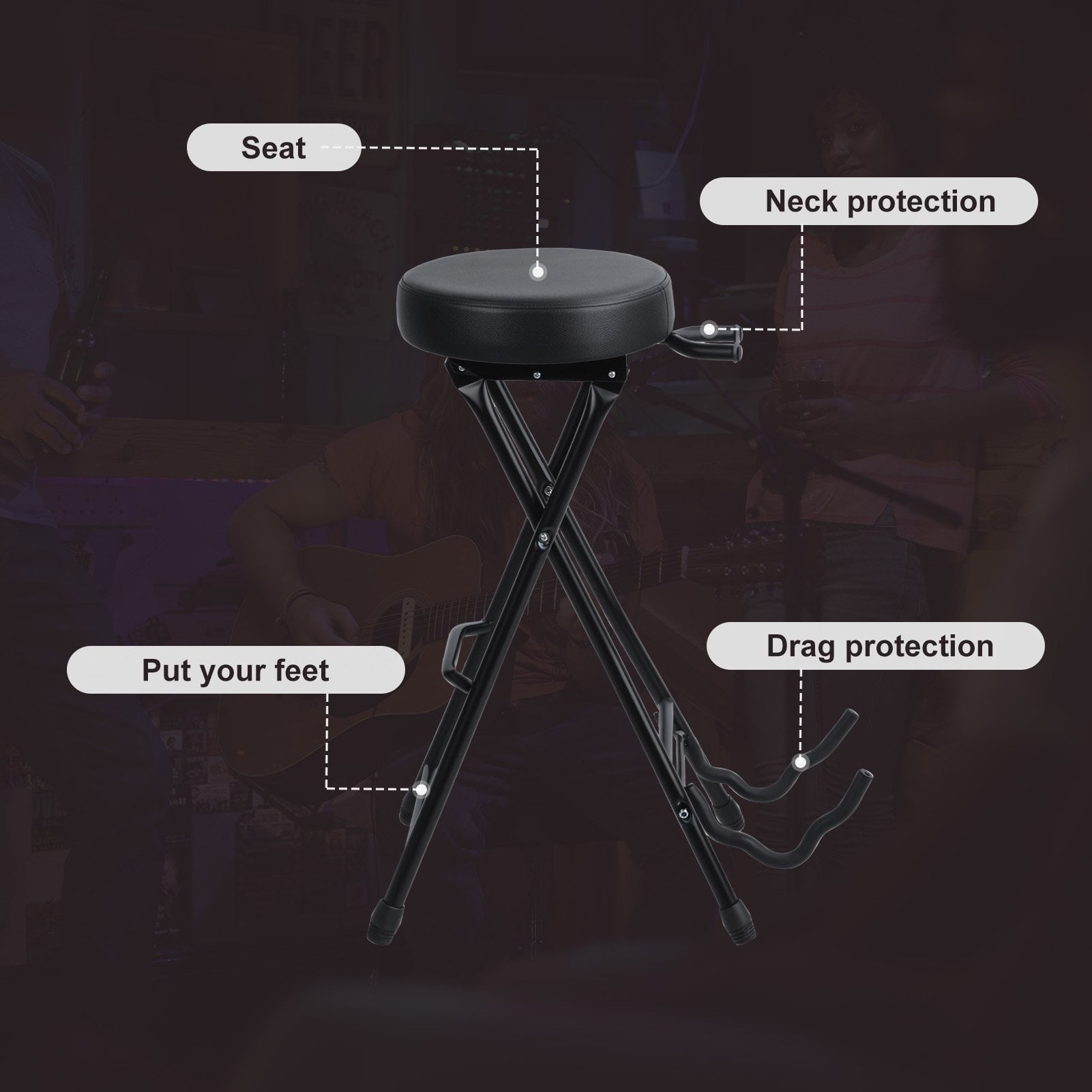 Cixusio Guitar Stool with Padded Seat, Foldable Guitar Seat with Guitar Stand and Retractable Hook, Suitable for Acoustic and Electric Guitars Bass Guitars
