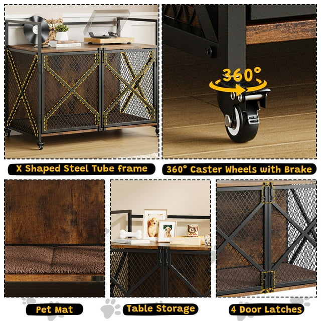 EDTara Meuble Cage pour Chien d'Intérieur de 31 Pouces avec Doubles Portes et Roues Verrouillables, Cage Moderne pour Chiens de Petites et Moyennes Races, s'Intègre à la Déco de la Maison et Offre une Mobilité Sécurisée