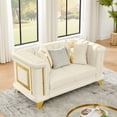 thumbnail image 4 of 69-Inch Luxury Velvet Loveseat with Gold Stainless Steel Trim and Embroidered Design, Mid-Century Modern Victorian Tufted Sofa for Living Room, 1 Plush Fur & 2 Gold-Striped Pillows, Beige, 4 of 9