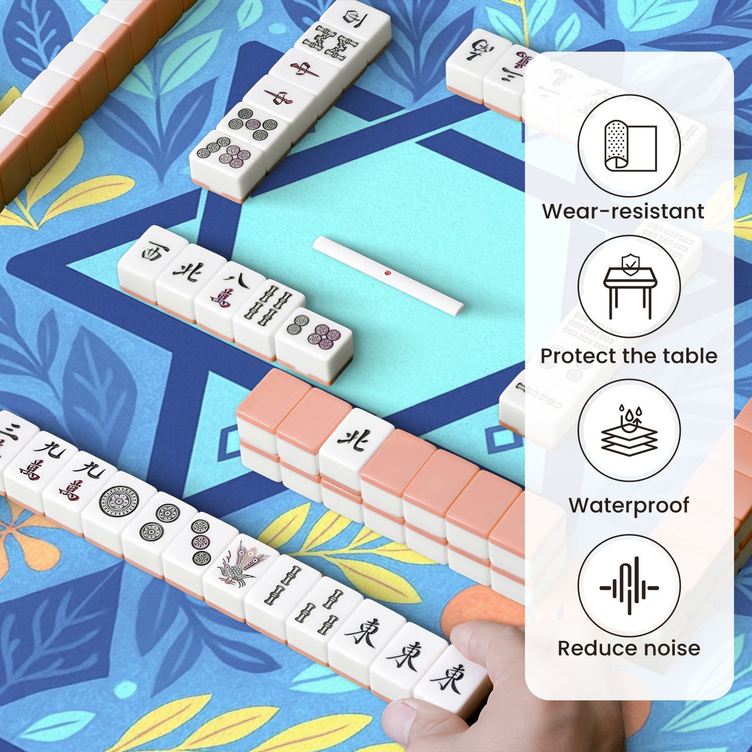Mahjong Mat 31.5" x 31.5" Floral Design Blue Yellow Accents Anti-Slip and Noise Reduction Symmetry Design Mahjong Tiles Table Cover for Dominoes Poker Card Board and Tile Games