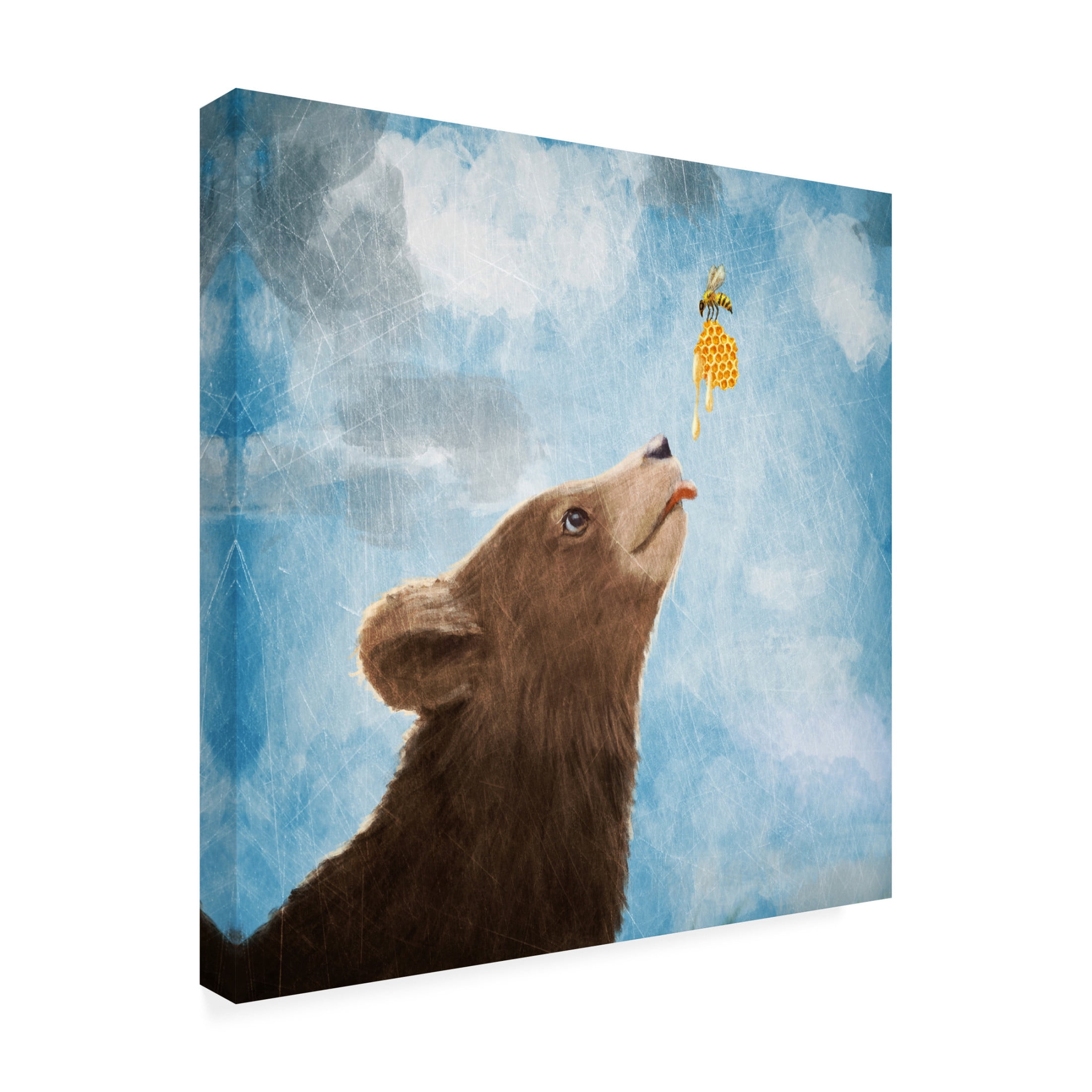 Canvas Wall Art - Paula Belle Flores 'Bear Cub and Bee with Honeycomb' Wall Art for Living Room, Bedroom, or Office Décor by Trademark Fine Art - 18 x 18 Inches