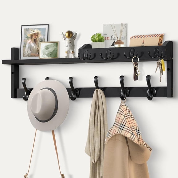 Coat Rack Wall Mount with Shelf, 27.5" Entryway Wall Hanging Shelf, Coat and Key Hanger with 10 Dual Hooks, Mail Organizer and Key Holder Hat Rack for Wall, Wood Coat Hooks with Storage