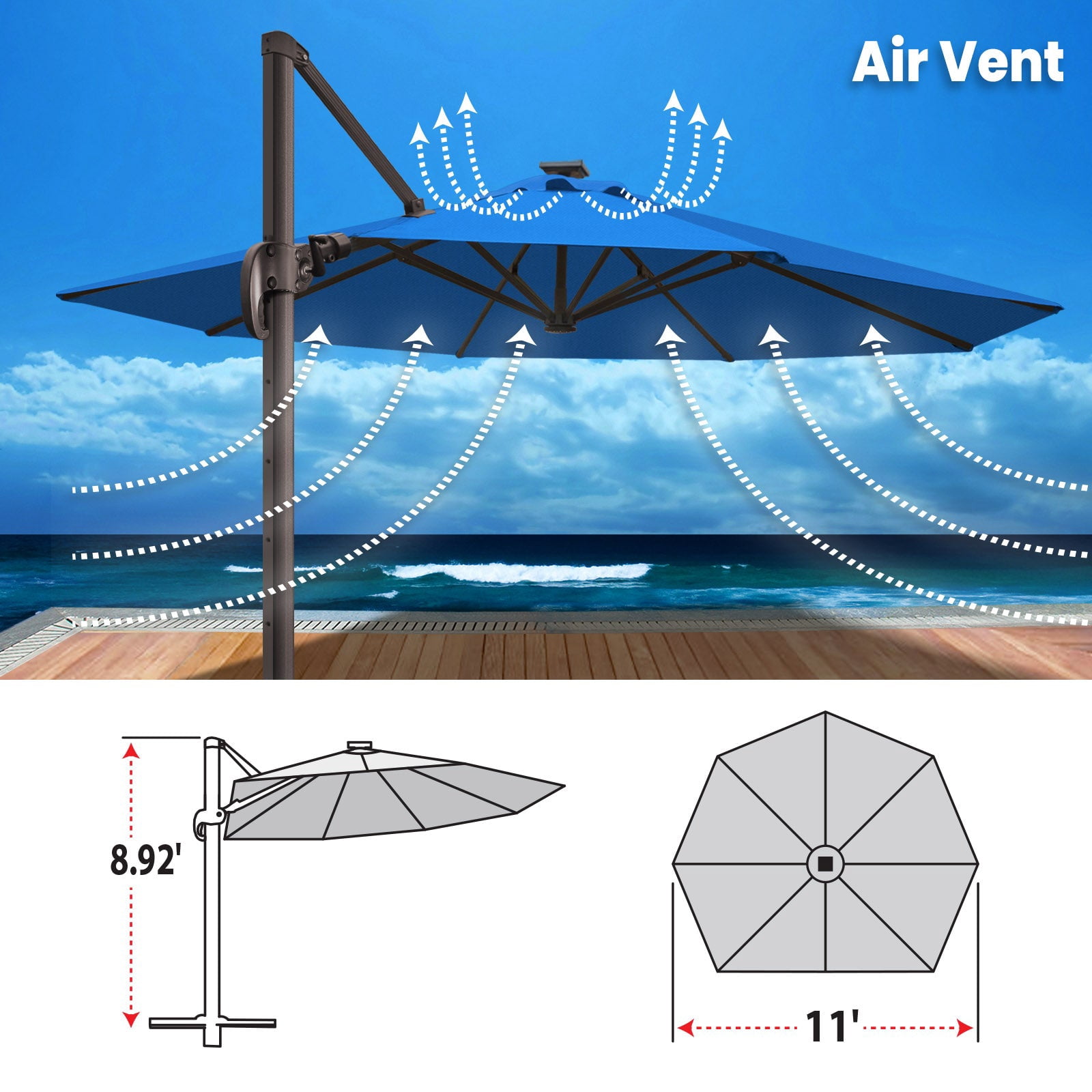 SUNRISEUMBRELLA Roma hanging umbrella Sunbrella Cover Patio Umbrella Garden Outdoor (11',Pacific Blue)