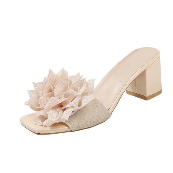 Wensltd Women Low Heel Sandals Trendy Solid Color Square Toe Flower Decor Spring Summer Wide Width Sandals Beige