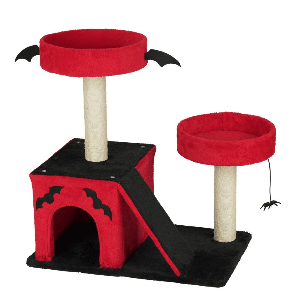 Tcbosik Gothic Cat Tree with Cat Condo, Cat House with Scratching Posts, Scratching Ladder and 2 Padded Perches, Cat Activity Center, Red & Black