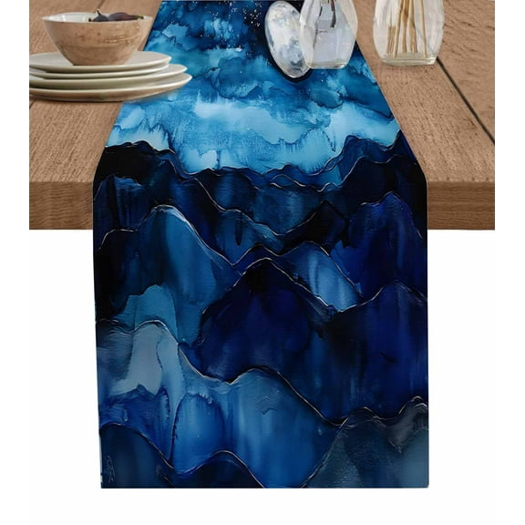 Table Runner Dresser Scarves 70 Inch Long,Watercolor Navy Blue Abstract Mountain Linen Dining Table Runners Moon Night Sky Star Tabletop Scarf for Wedding Holiday Party Kitchen