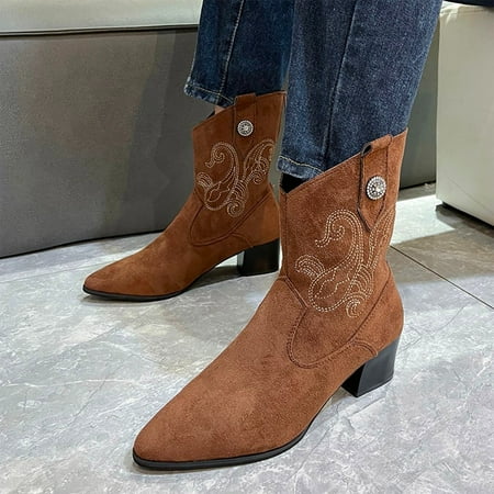 

NEGJ Fashion Autumn Winter Women Mid Calf Boots Pointed Toe Embroidered Suede Back Zipper Solid Color Comfortable
