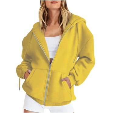 Women's Zip up Hoodies Oversized Casual Long Sleeve Sweatshirts Fleece Jackets Fall Spring Track Jackets with Pocket Yellow M