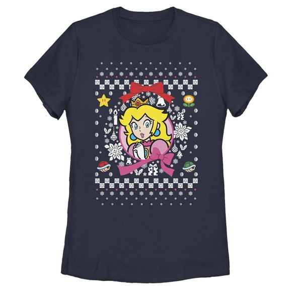 Women's Nintendo Ugly Christmas Peach Wreath Graphic Tee Navy Blue Medium
