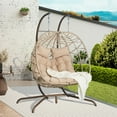thumbnail image 3 of 2 Person Double Swing Egg Chair with Stand, 600lbs Capacity Outdoor Patio Wicker Hanging Patio Lounge Chair w/Cushions and Pillows, Oversized Hand-woven Hammock Chair Set for Patio/Yard/Garden/Porch, 3 of 9