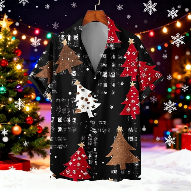 Blusa y camisa de manga corta con cuello vuelto para hombre Camisa de manga corta con estampado navideño para hombre Tops casuales con cuello vuelto Camisa Blusa Tops para hombre