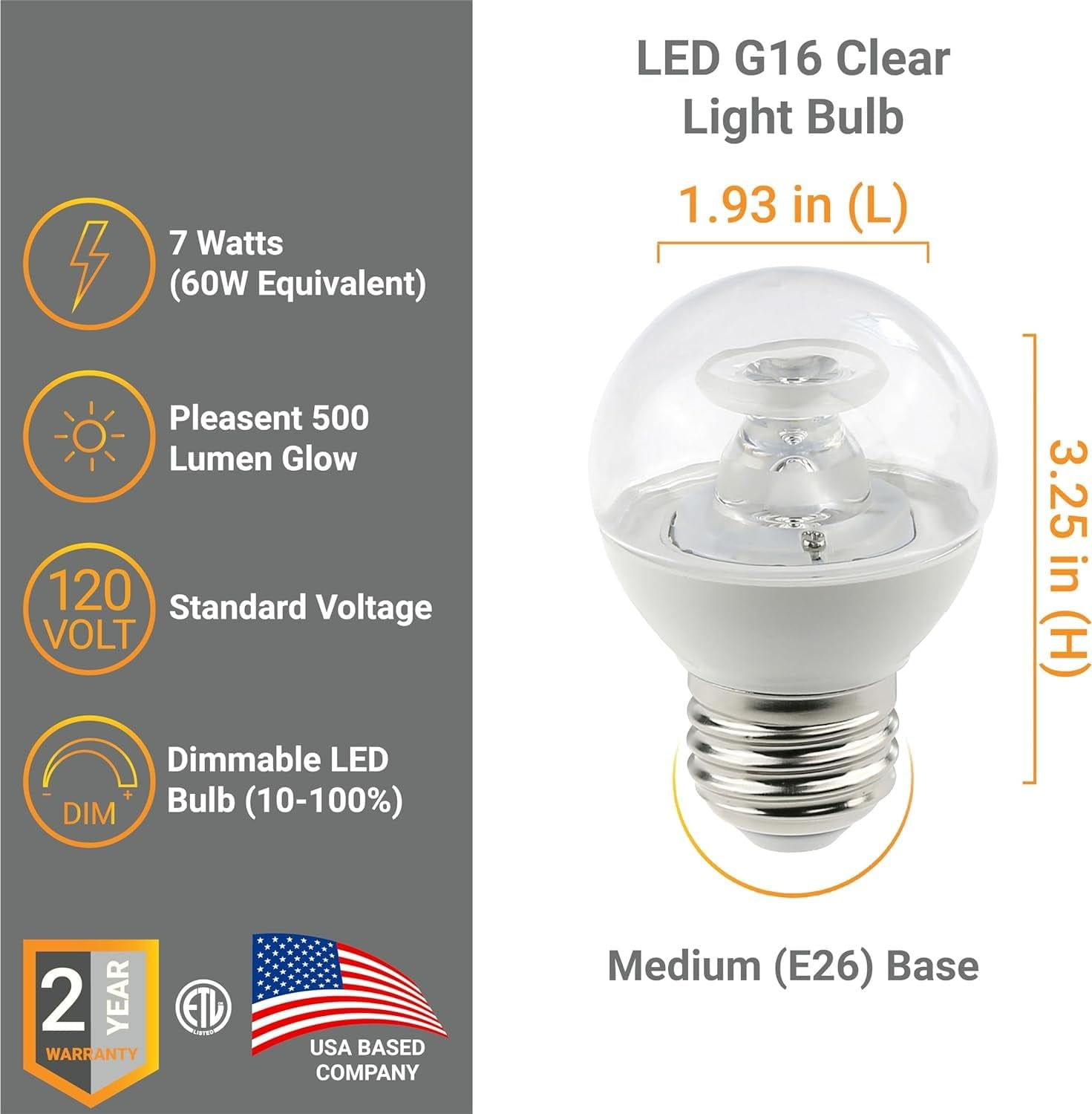 Diodesy- Pack of 6 G16/LED/7W/CL/40K/6PK G16 Dimmable Clear Globe Light Bulb, E26 Medium Base, 7 Watts (60W Equivalent), 4000K Cool White, Short Bulb for Chandelier, Ceiling Fan, Vanity Light, ETL