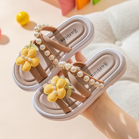 ZunFeo Girls Sandals 2-in-1 Convertible with Floral Pearl Decor, Removable Ankle Strap Khaki PVC Summer Casual Shoes for Kids Little Kids US 8T-4Y,Size 4.5 T