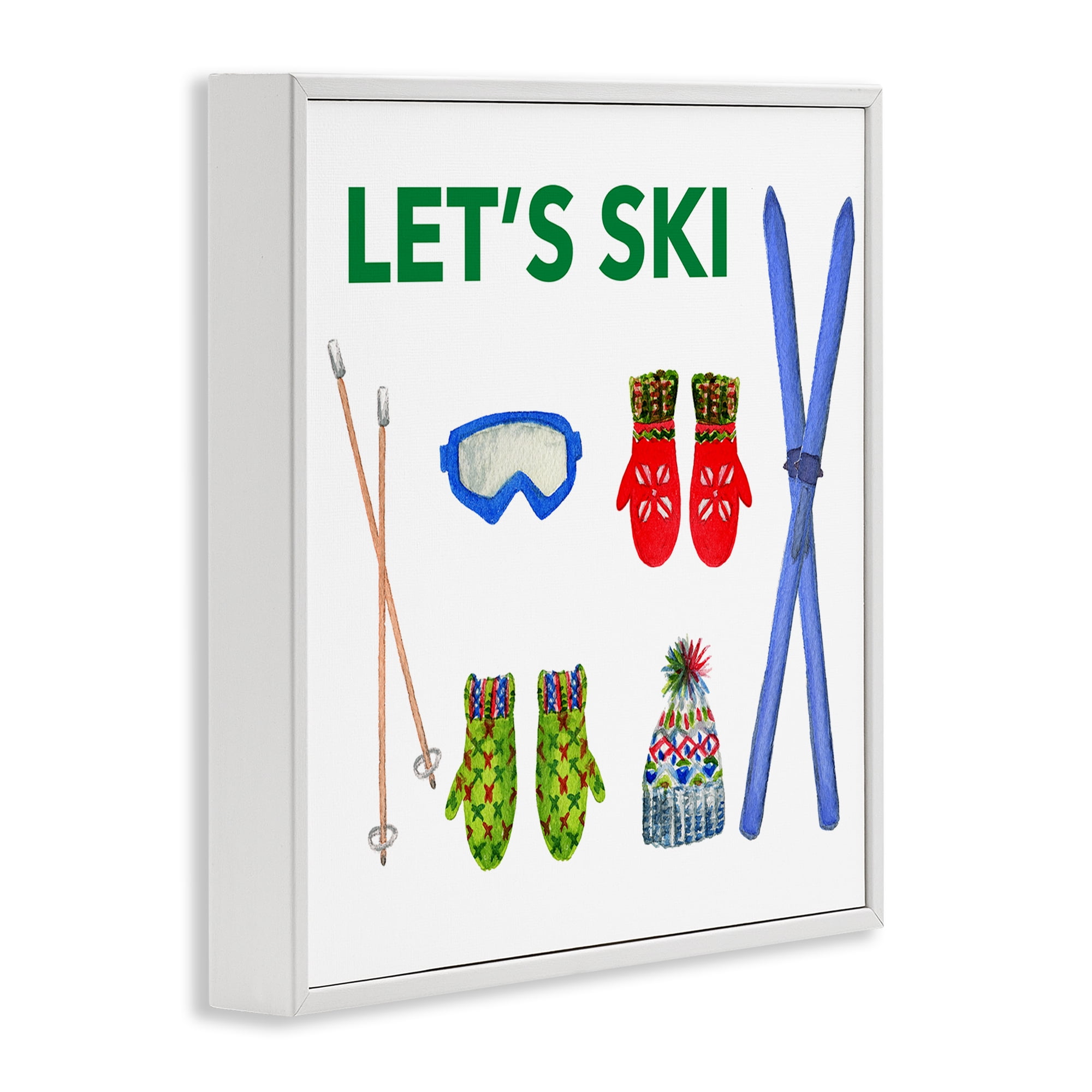 Stupell Industries Let's Ski on White Sports Painting White Framed Art Prints Wall Art, 12 x 12