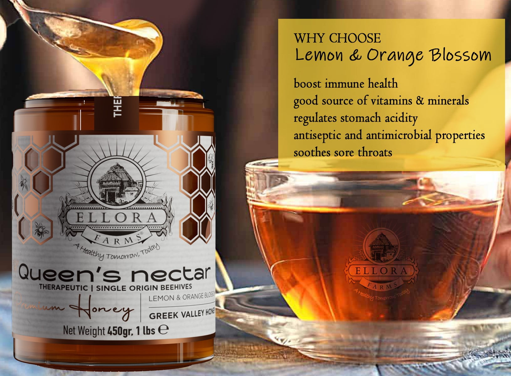 Ellora Farms Queens Nectar Gift of Honey, Raw & Unfiltered Superfood, Orange Blossom Honey, 450 Gram Glass Jar