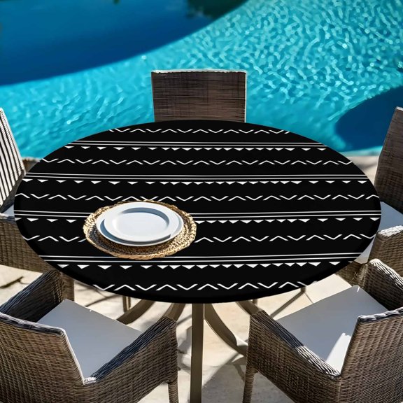 Bohemian Style Geometric Triangle Striped Round Fitted Tablecloth with Elastic Edge,Waterproof Table Cloth Fits 45"-54" Tables,Washable Table Cover for Indoor Outdoor Dinning,Traditional Boho Style
