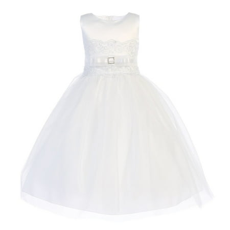 White Satin Tulle Dress - Girls White Satin Embroidered Tulle Tea-Length Communion Dress 12