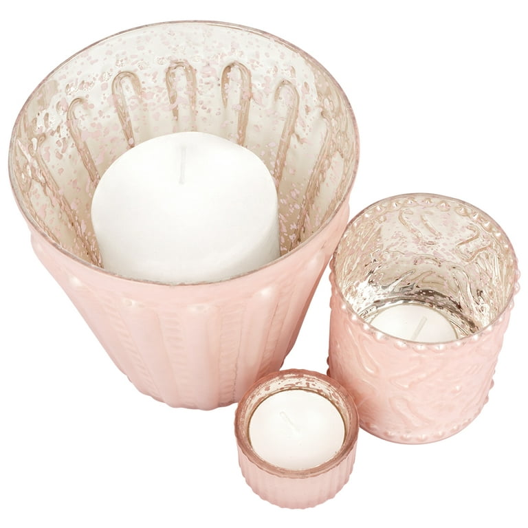 3 Assorted Sizes Pink Votive Tealight Candle Holders Embossed