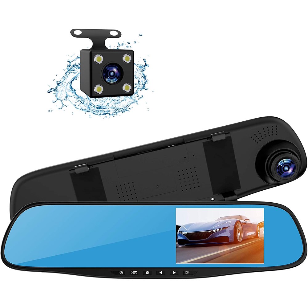 Dash Cam Rearview Mirror 4.3” DVR Monitor Rear View Dual Camera Video