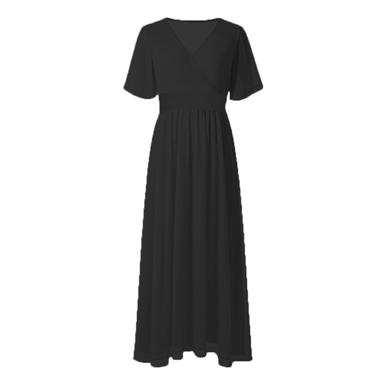 SMihono Womens Plus Size Chiffon Dresses Cinch High Waist Maxi Dress Summer  Casual Wrap V Neck Short Sleeve Flowy Dress Black XXXL - Walmart.com