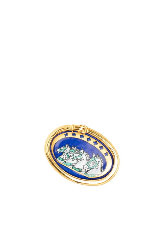 Pre-Owned Hermes enamel horse brooch, gold and blue plated, for women.