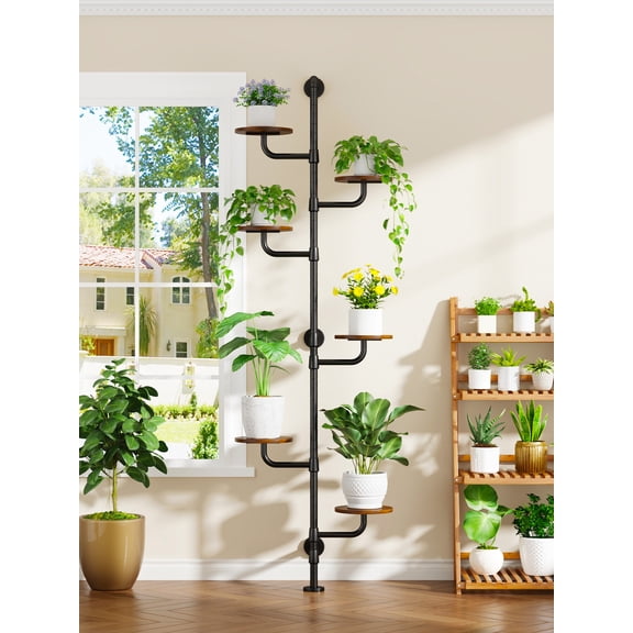 C5 Rotatable Metal Wall-Mounted Plant Stand, 6-Tier Adjustable Indoor Flower Shelf for Window Corner Display, Space-Saving Tension Pole Plant Rack, 0–180° Swivel Design, Black