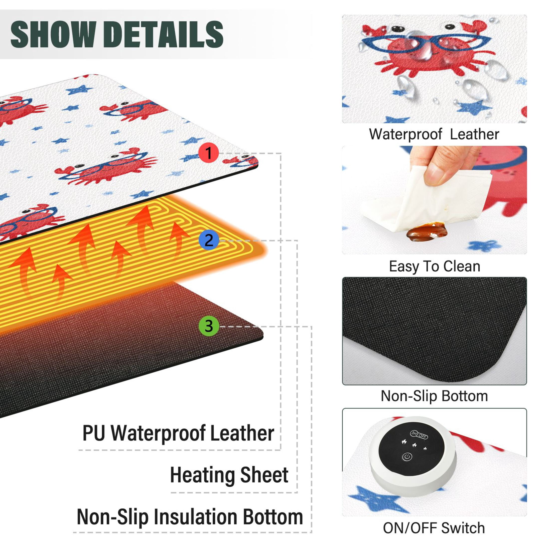 Large Heated Desk Mat Mouse Pad 31.5"x13"PU Leather Graphene Heating Desk Warmer with 3 Temperature Settings 110V US Plug Non-Slip Warm Pad for Home, Office, and Gaming Cool Crab with Glasses