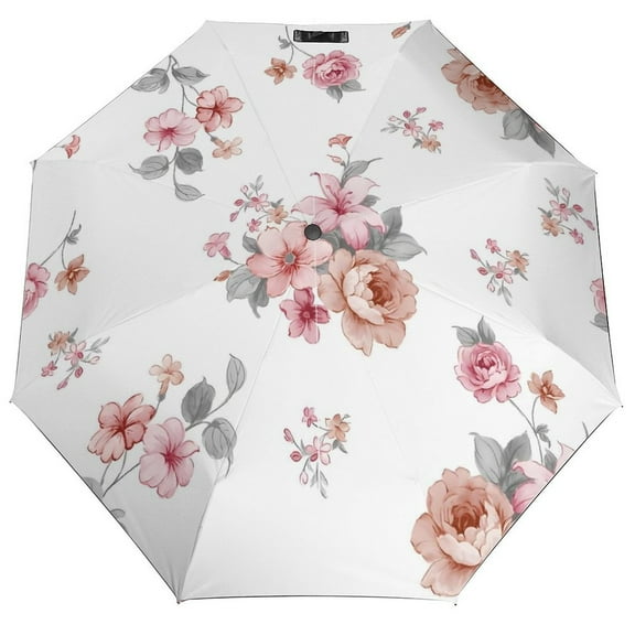 Pink Floral Flowers Umbrella for Rain - Portable, Double Layer Automatic Folding Umbrella UV Protection for Rain Car Travel Outdoor Men Women