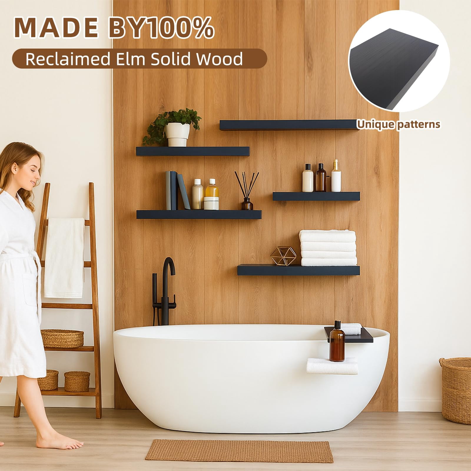 Floating Shelves For Wall Set Of 3 Black Wood Mounted  23.6 X 6.3 Inch Rustic Display Storage With Invisible Brackets Bedroom Bathroom Living Room Kitchen