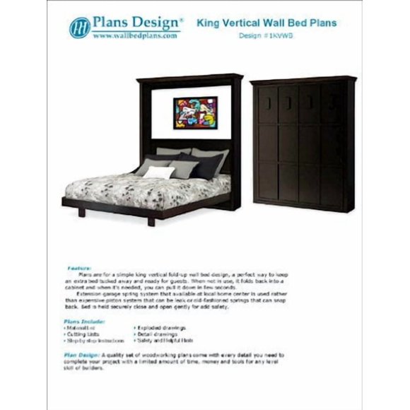 King Vertical Murphy Wall Bed Woodworking Plans (Instructions), Design 1KVWB