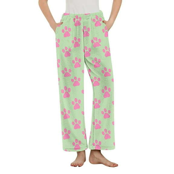 qelini Fuzzy Pajama Pants for Women Elastic Waist Pants Cute Printed Loungewear Pants Warm PJs Bottoms with Pockets