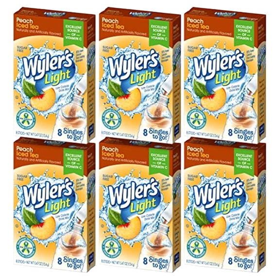 Wylers Light Singles To Go (6 Pack), Peach Iced Tea Water Drink Mix, 48 Total Powder Drink Mix Packets