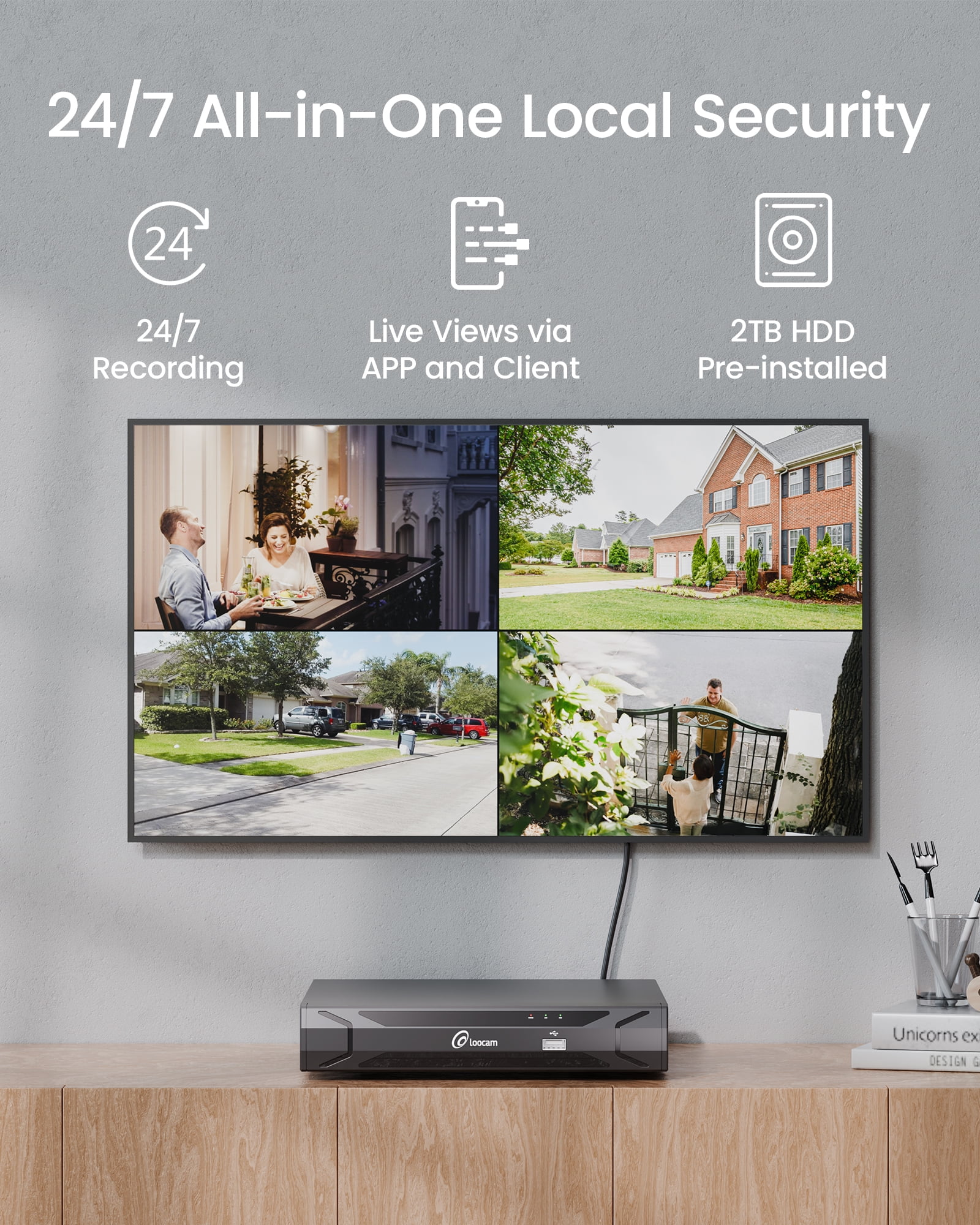 Loocam 4K Ultra HD 8-Channel 8MP PoE 2TB NVR Security Camera System, 8 Wired PoE IP Cameras, Smart AI Detection