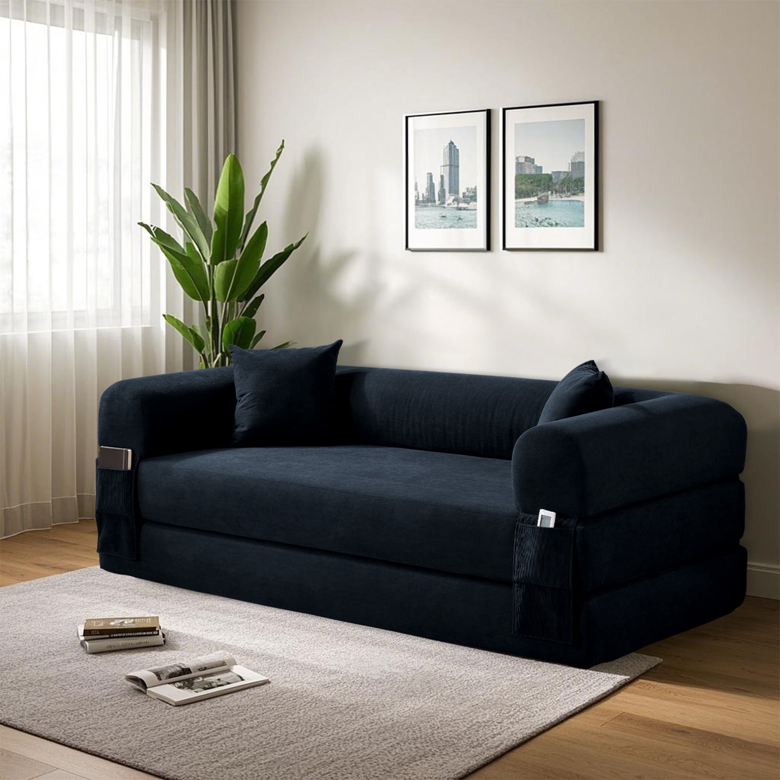 3 in 1 Convertible Sofa Bed, 80" Corduroy Folding Pull Out Couch with 2 Pillows, Floor Sofa with Side Storage for Living Room, No Assembly Modern Boneless Couch Compression Sofa, 35.4"W