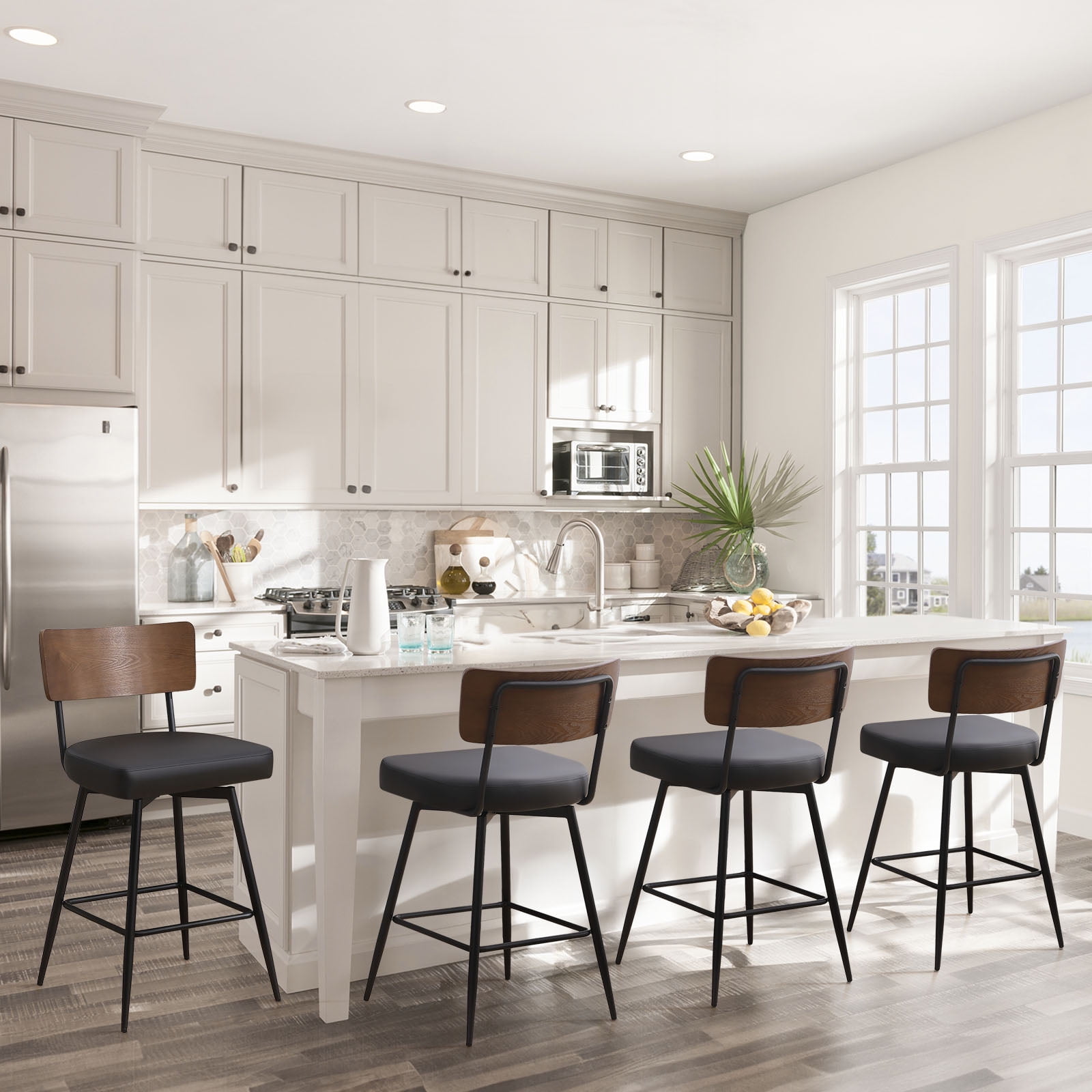 ANMINY Swivel Bar Stools Set of 3, 26" Seat Height, Upholstered Faux Leather Counter Barstools with Wood Backs and Metal Legs, Counter Height Bar Stool for Kitchen Island