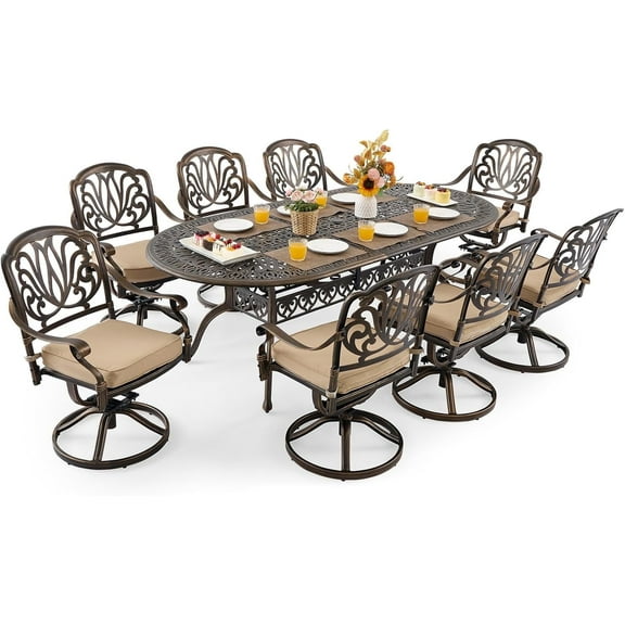 9 Piece Outdoor Dining Set Cast Aluminum Patio Dining Set for 8 Includes 86.6’’ Table 8 Swivel Chairs with Cushion and Umbrella Hole