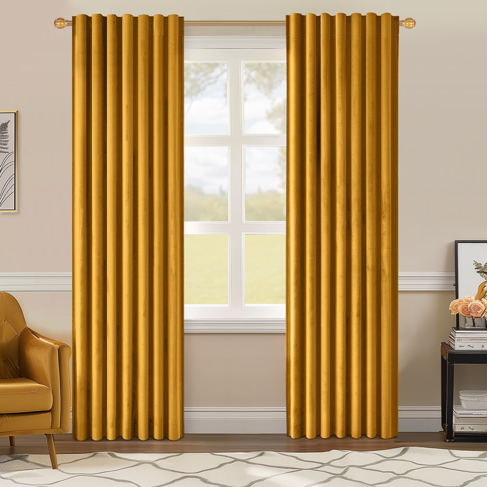 Topfinel Mustard Yellow Velvet Blackout 96 Inches Long Curtains , 100% Blackout Drape Gold with Hooks, Soundproof Art Deco Back Tab Drapes for Living Room Bedroom,Set of 2