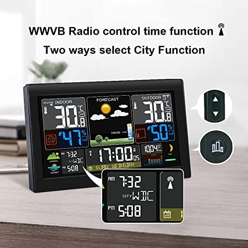 Wireless Weather Station with Outfdoor Sensor 8.8'' LCD Digital Thermometer Hygrometer,WWVB Radio Alarm Clock,Barometer,Weather Forecast,City Sunrise Sunset Time,Calender,Moon Phase