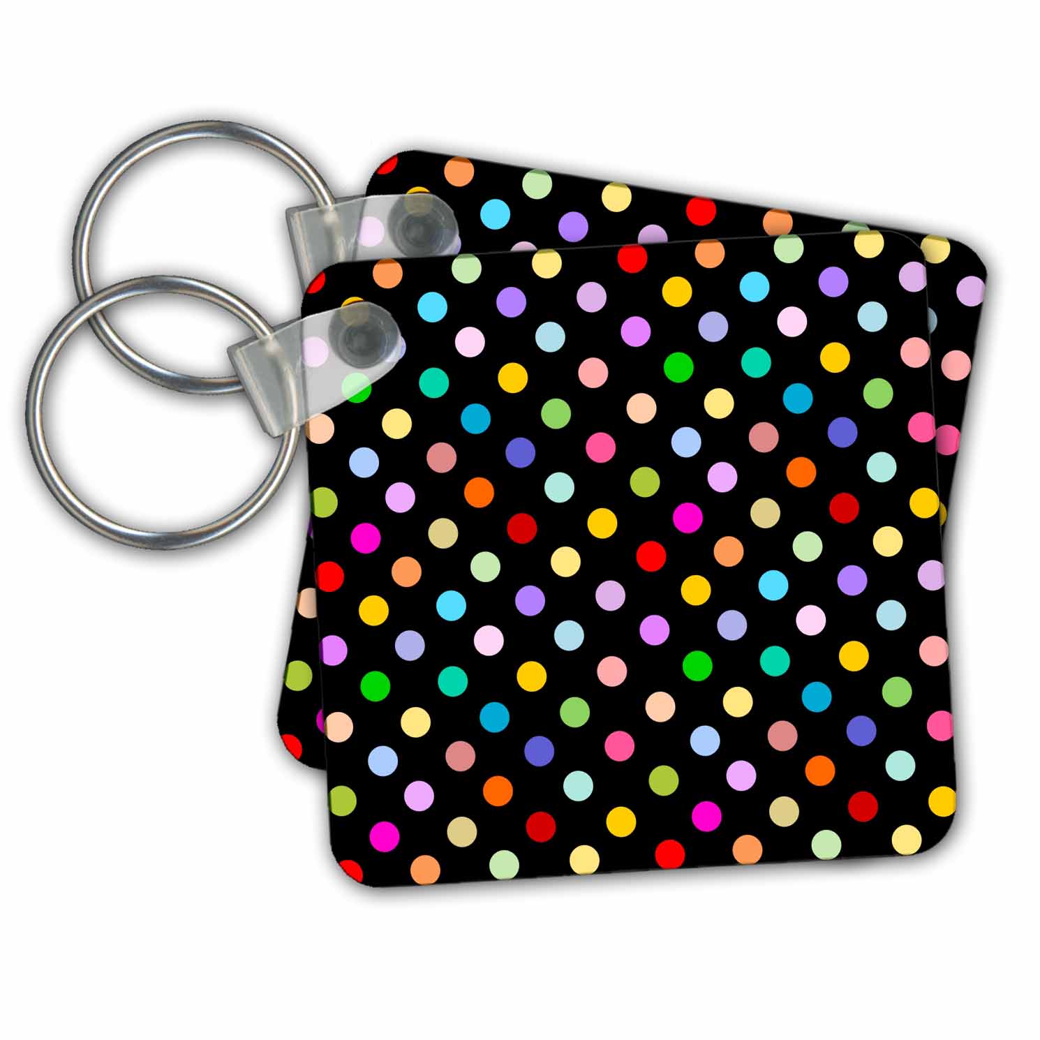 3dRose Colorful Polka dot pattern on black - Rainbow Multicolor Cute Dots and Spots Patterns - Key Chains, 2.25 by 2.25-inch, set of 2 - image 1 of 1