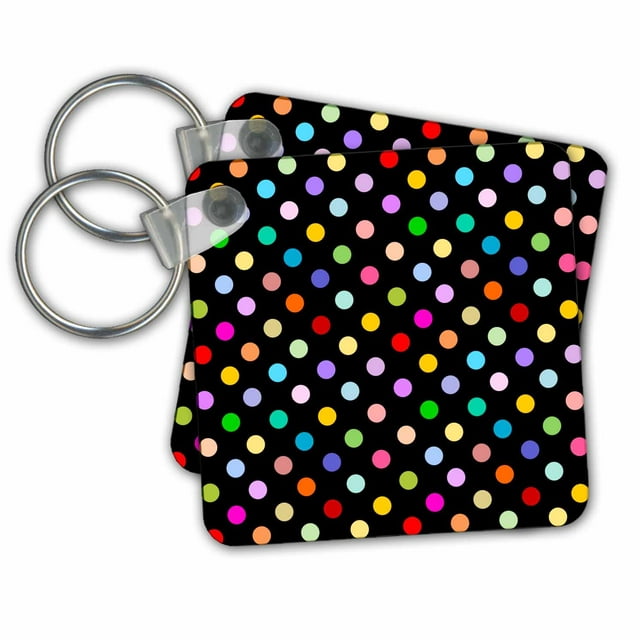 3dRose Colorful Polka dot pattern on black - Rainbow Multicolor Cute Dots and Spots Patterns - Key Chains, 2.25 by 2.25-inch, set of 2