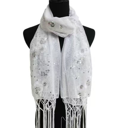 white Sequin Glitter Beaded Shawl mass Scarf Wrap Veil Forma Party Prom festival rave
