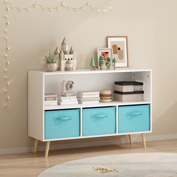 Peispie Kids Storage Cabinet with Fabric Bins, Toy Organizer Shelf with 3 Drawers, Children Storage Unit with Pine Legs for Playroom Bedroom, Blue